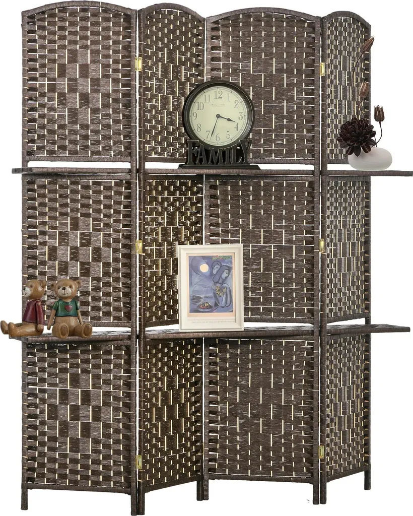 Paravent séparateur de pièce bois marron 4 volets avec 2 étagères 170cm
