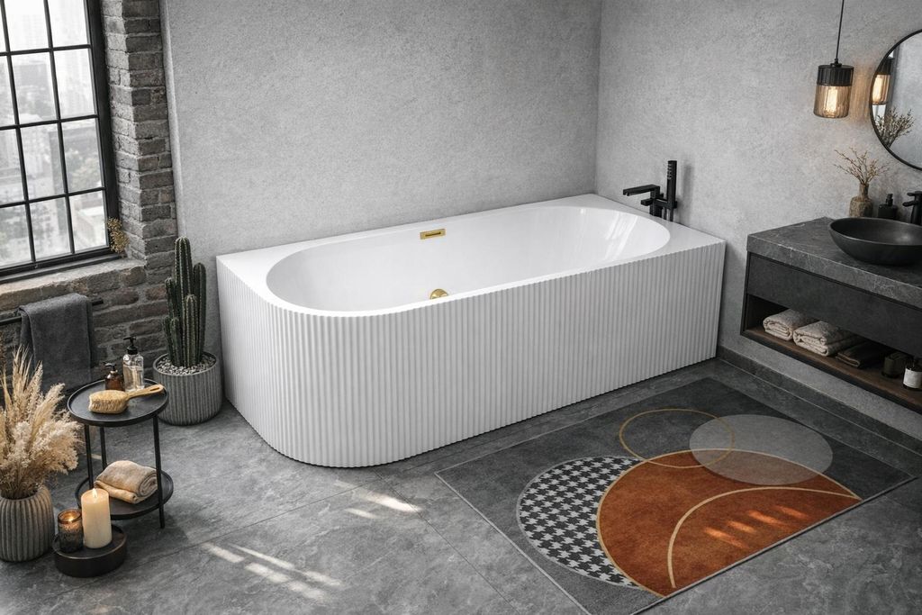 Corciano Freistehende Vorwandbadewanne Pula Rechts 160x75 Weiß | Eckbadewanne Rillenoptik Sanitäracryl | Wandbündig inkl. Siphon & Abfluss