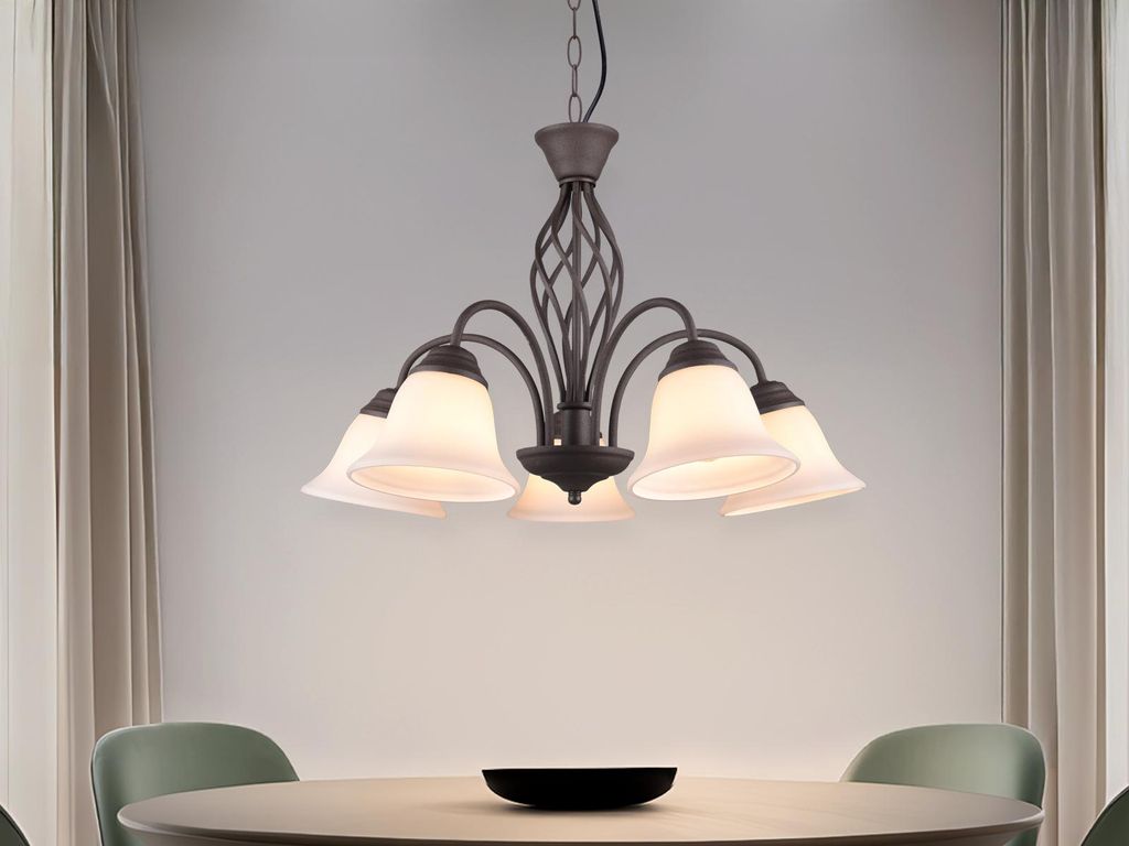 LED Landhausstil Esszimmerlampe Rostoptik 5-flammig mit Glas Lampenschirmen Weiß
