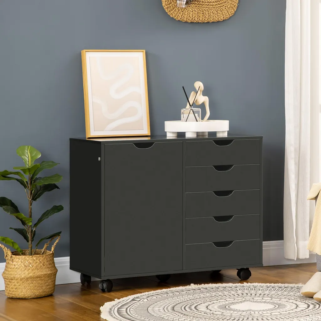 Caisson de bureau noir 5 tiroirs et support imprimante 78x40 cm