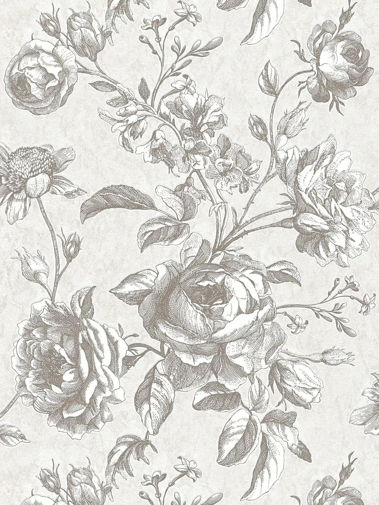 Tapete Rosen-Muster im Vintage Zeichen Stil – Grau, Creme Produktbild 