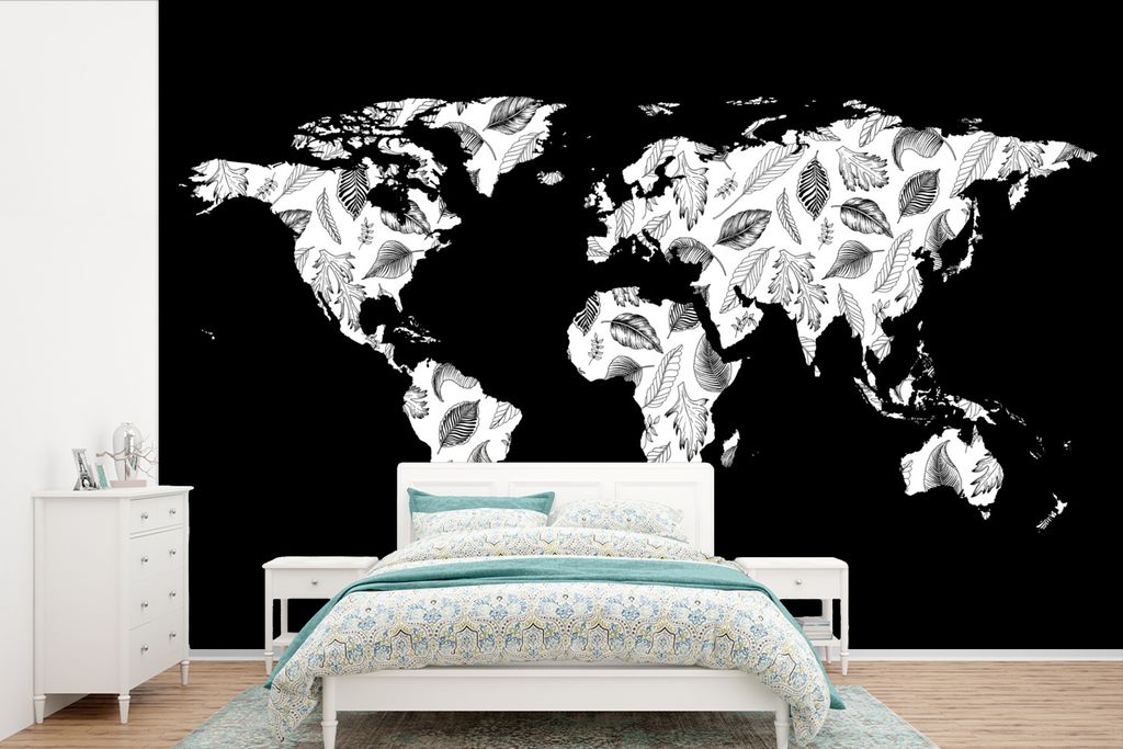 MuchoWow Fototapete für Wohnzimmer oder Schlafzimmer Wandtapete Vinyl Motivtapete Weltkarte - Blätter - Schwarz - Weiß - 600x400 cm - Vinyltap...