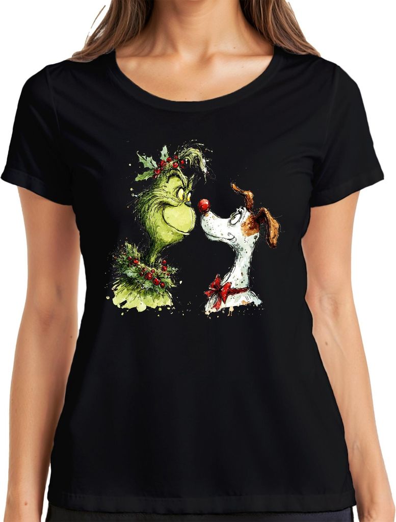 Grinch Weihnachten Max Hund rote Nase lustig Retro Damen T-Shirt, Schwarz, 3XL