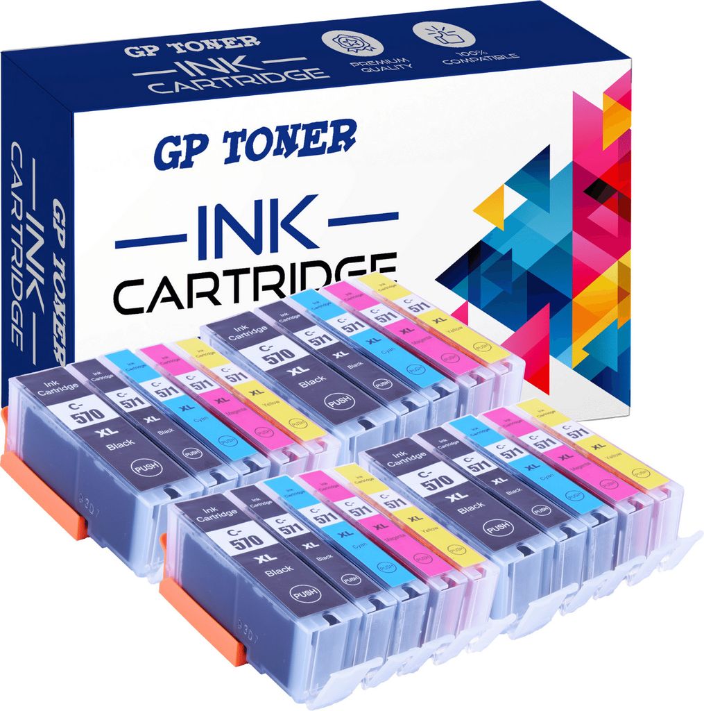 A box of ink cartridges with multiple cartridges displayed in front of it.