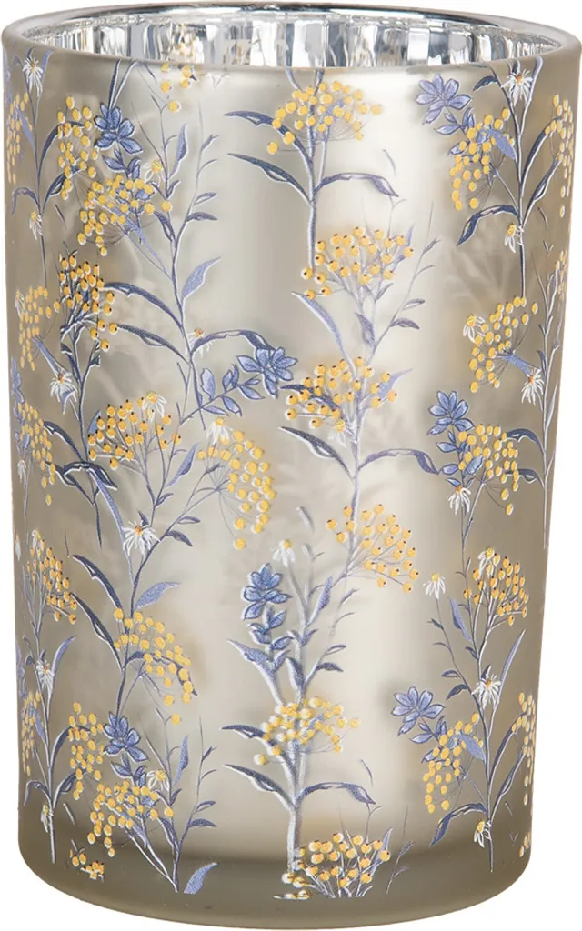 Bougeoir Clayre & Eef 12x18 cm en Verre Gris Décoration Fleurs Romantique