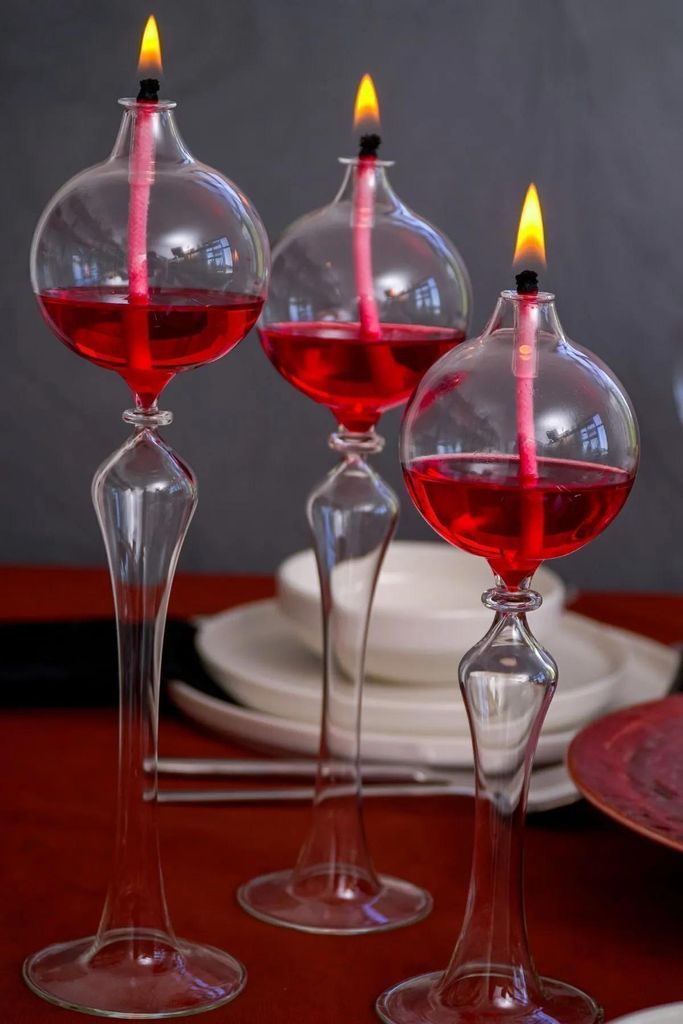 3er Set Glas Öllampen mit Docht & Lampenöl – elegante Tischdeko Kugellampen, handgeformte Glaslichter, wiederbefüllbar, 24/27/30 cm