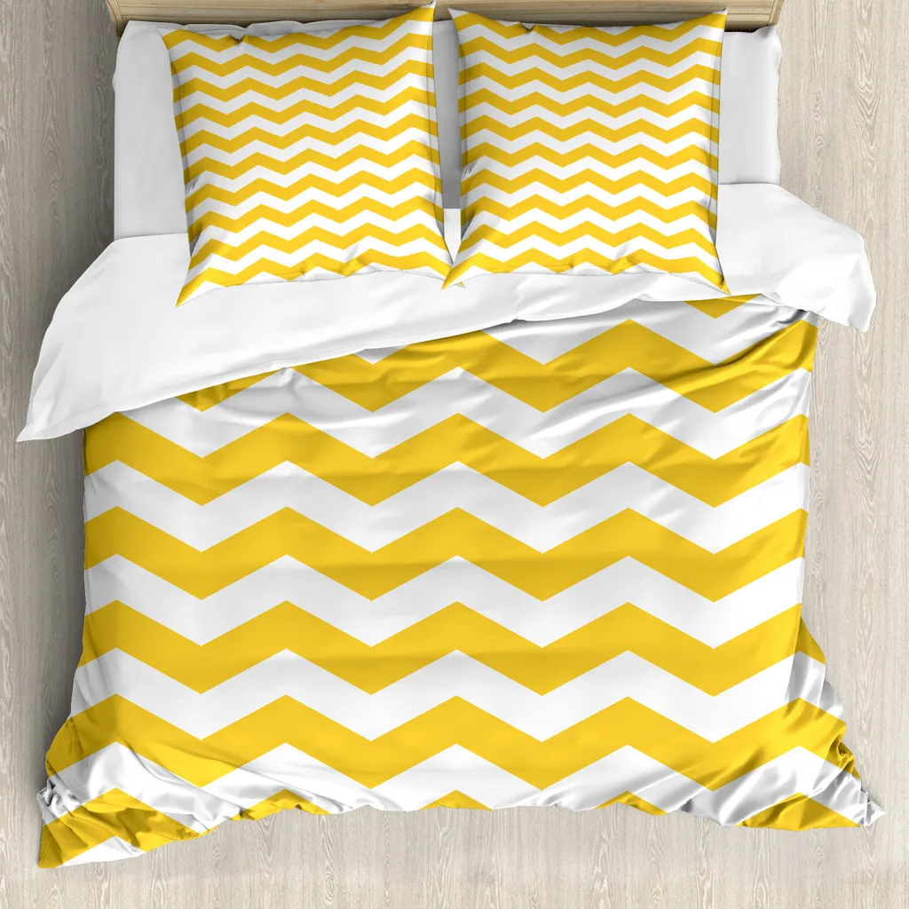 Parure de lit 155x220 cm jaune et blanc motif chevron ondulé moderne