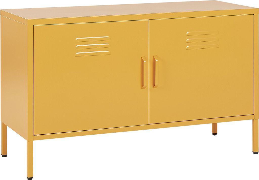 BELIANI Metallschrank Gelb Stahl 100 x 40 x 65 cm Sideboard mit hohen Füßen Türen Griffen Regalboden Wohnzimmer Büro Arbeitszimmer Flur Bad