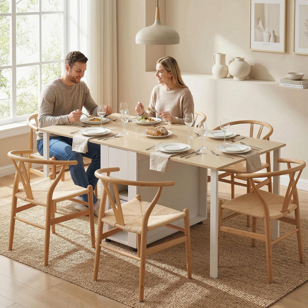 Klapptisch Esstisch mit Schubladen, ausziehbarer Küchentisch MDF Kiefernholz, Weiß Naturholz | 168 x 85 x 73 cm | bis 6 Personen | 2 Schubladen
