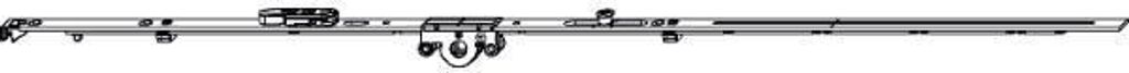A silver colored metal rod with various attachments and levers, likely a component of a window or door mechanism.