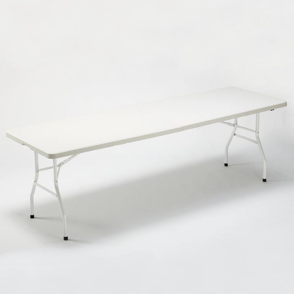 A white folding table with metal legs on a white background.