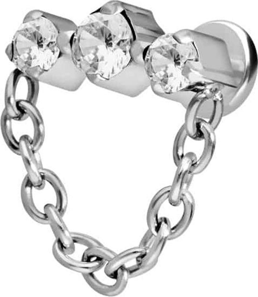 Ohrpiercing, Nasenpiercing Titan Labret mit Innengewinde 3 EINGEFASSTE KRISTALLE + KETTE Silber Stablänge: 6mm | Stabstärke: 1,2mm