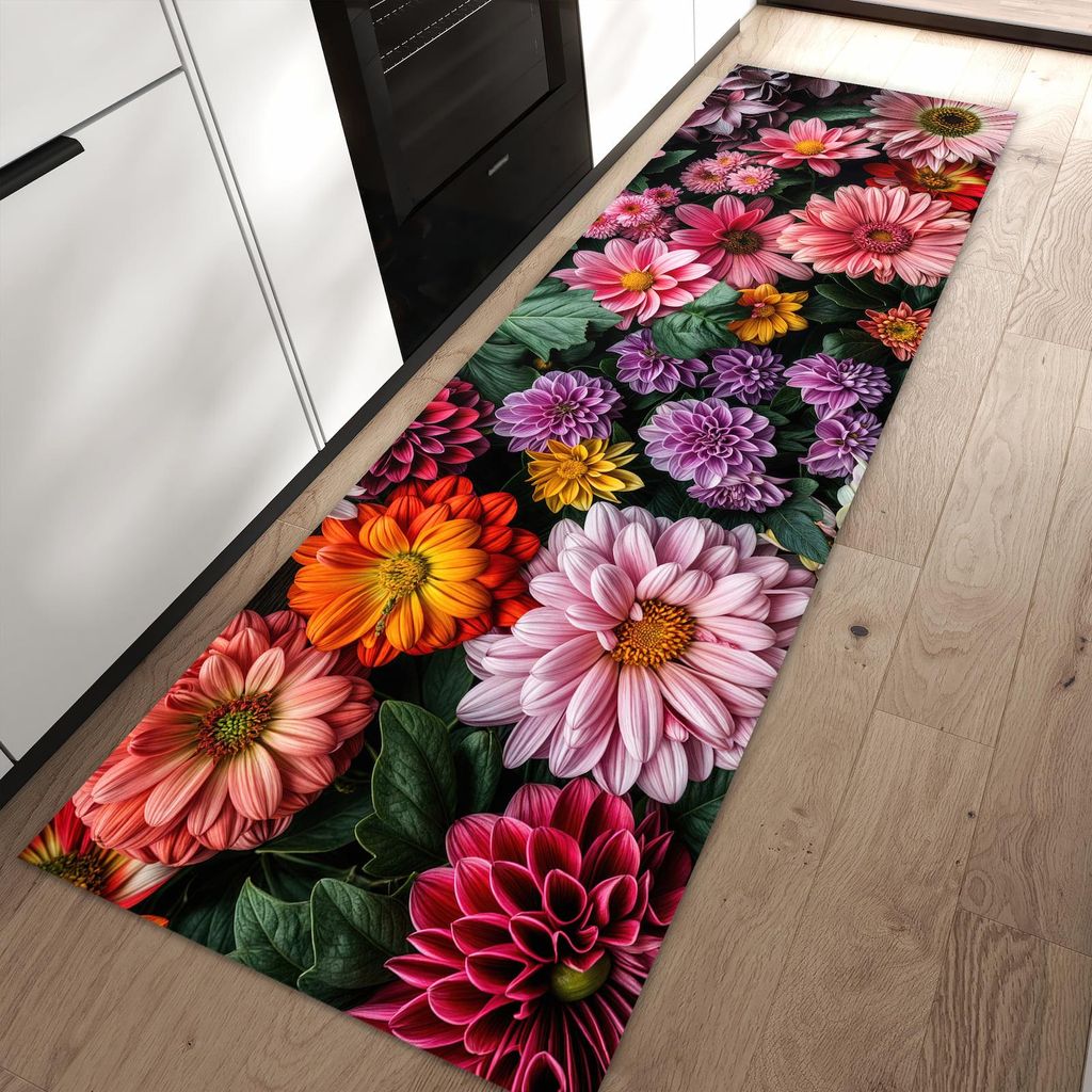 Küchenteppich 80x250cm rutschfest & abwischbar PVC Läufer - Blumenkomposition