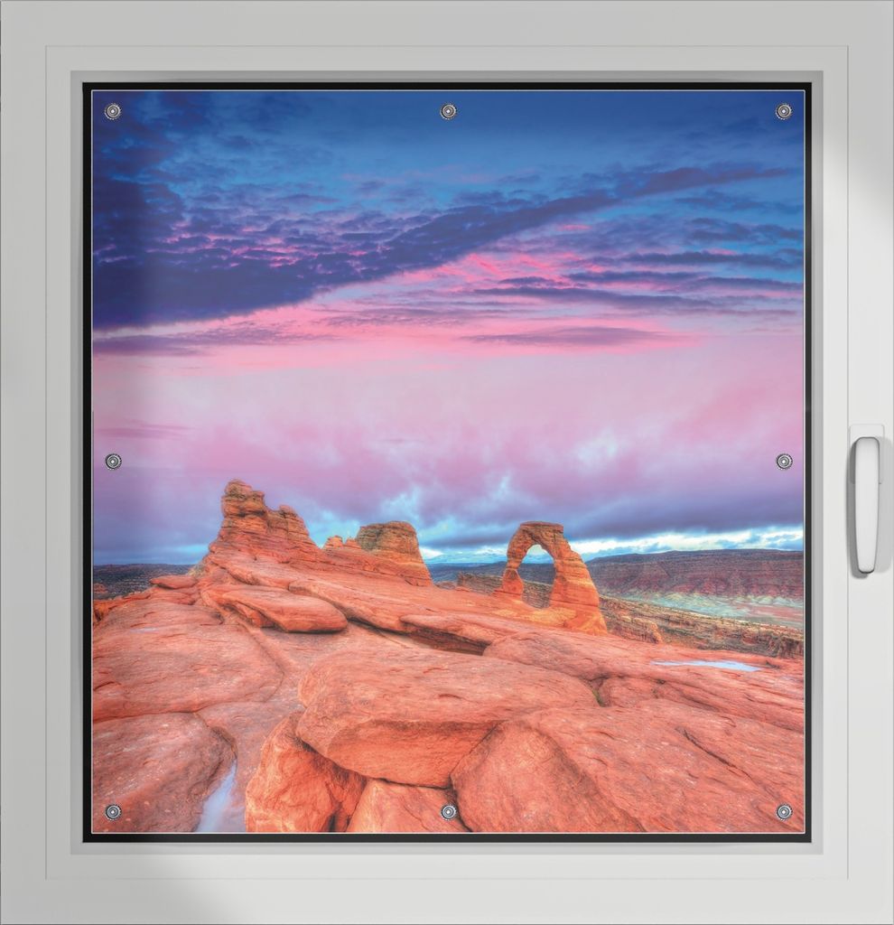 Wallario Lichtschutzbild, Dekorativer Sichtschutz Sonnenschutz 96 x 100 cm mit Motiv: Farbenfrohes Naturdenkmal - Steinbogen im Nationalpark Arches...