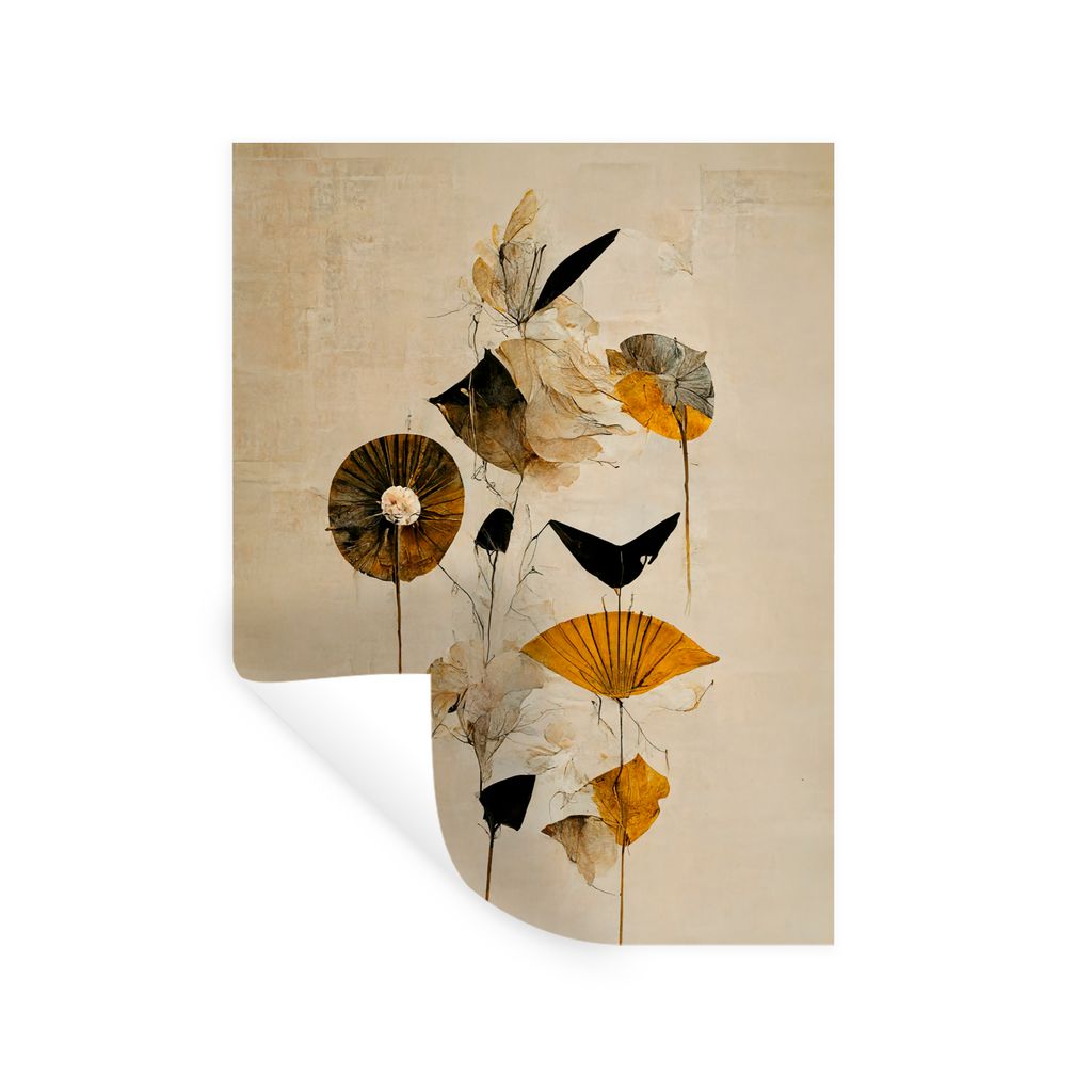 MuchoWow Wandtattoo Wandsticker Wandaufkleber Blumen - Vintage - Pflanzen - Gold 90x120 cm Selbstklebend und Repositionierbar - Faltenfrei