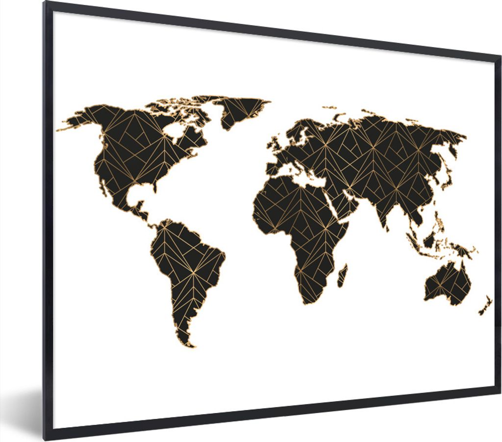 MuchoWow Gerahmtes Poster Weltkarte - Linien - Gold 40x30 cm - Poster mit Schwarzem Bilderrahmen Wandposter Rahmen Foto Bilder - Kunstposter - Wa...