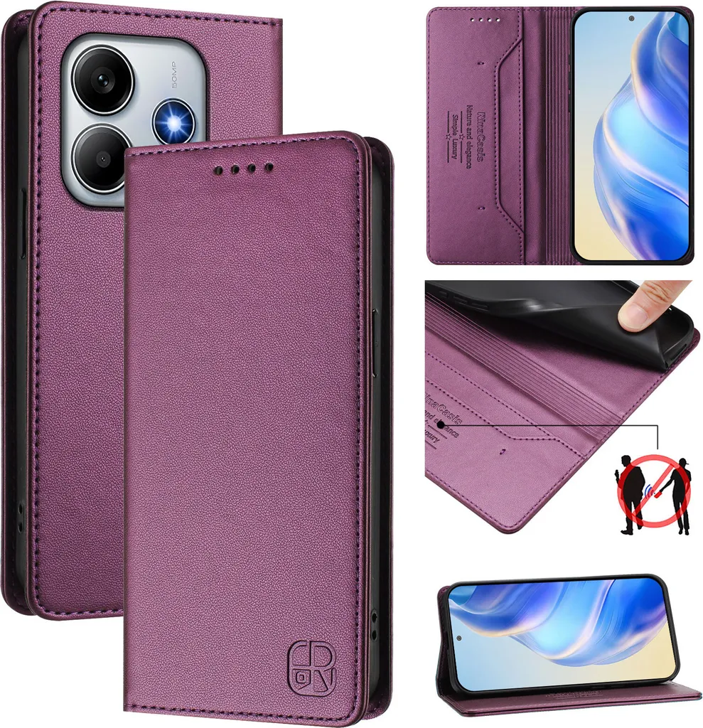 Custodia in pelle per Xiaomi Redmi Note 14, flip case con slot per carte, portafoglio e supporto Viola