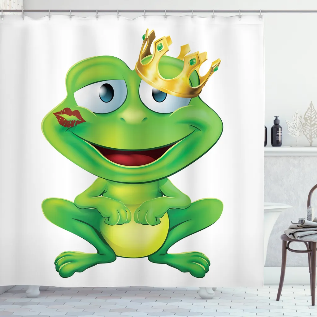 ABAKUHAUS Tenda da doccia con animali, rana principe cartoon, tessuto con stampa alla moda con 12 anelli, resistente al lavaggio, antibatterica e idrorepellente, 175 x 220 cm, multicolore