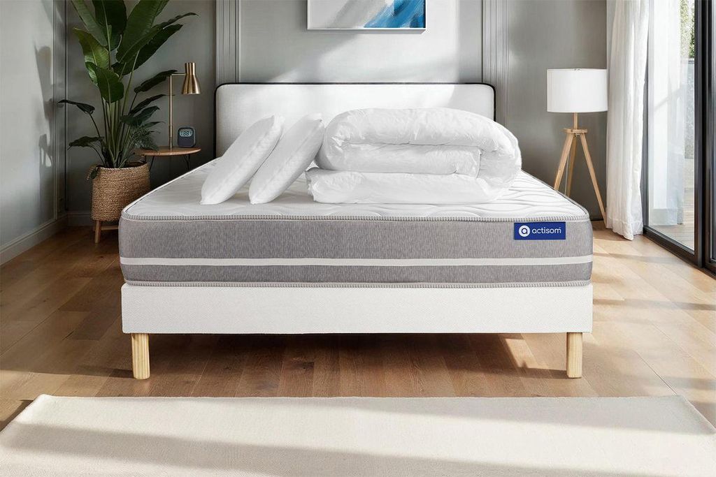 Komplettpaket Bett - Matratze 160x200 cm + Boxspringbett mit Lattenrost (im Set) + 2 Kopfkissen + Bettdecke - Actilatex Touch