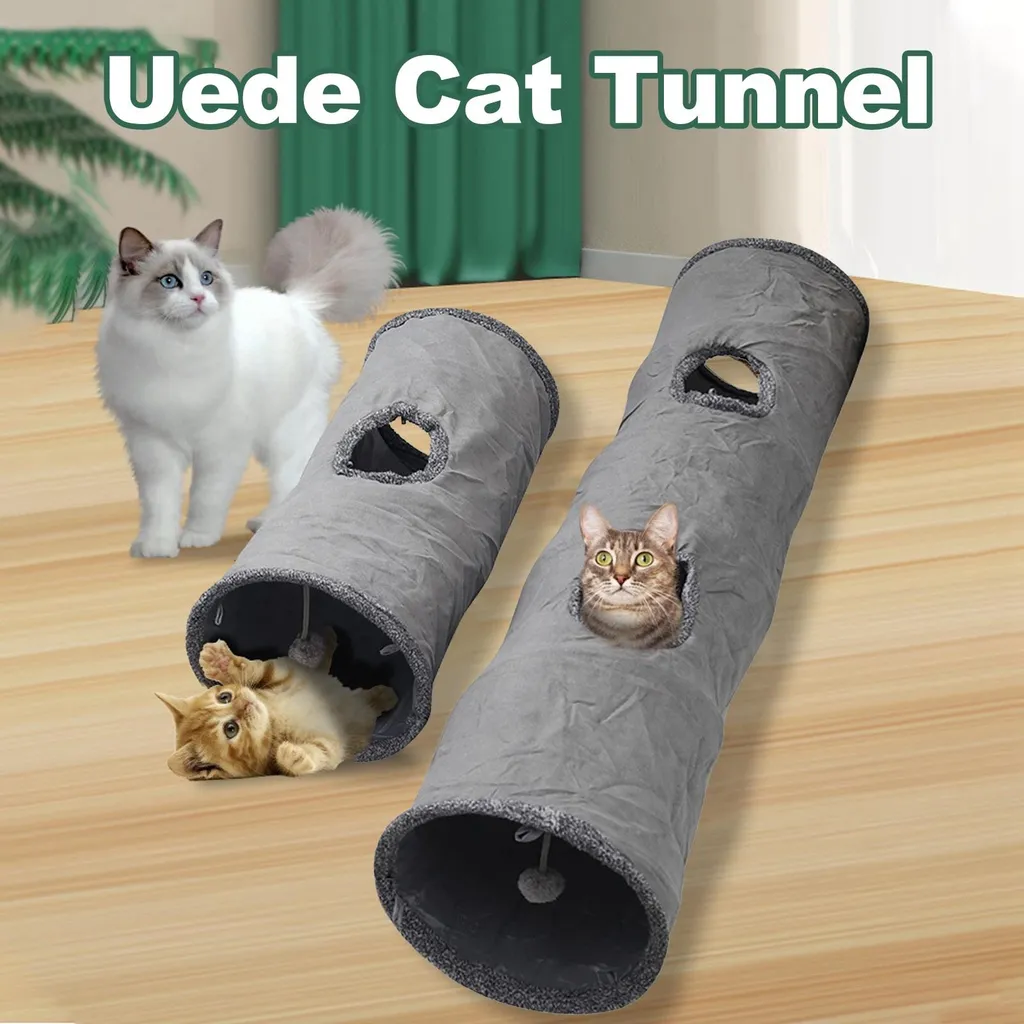 Tunnel pliable en daim pour chat avec balle de jeu, 100cm, couleur café - 4