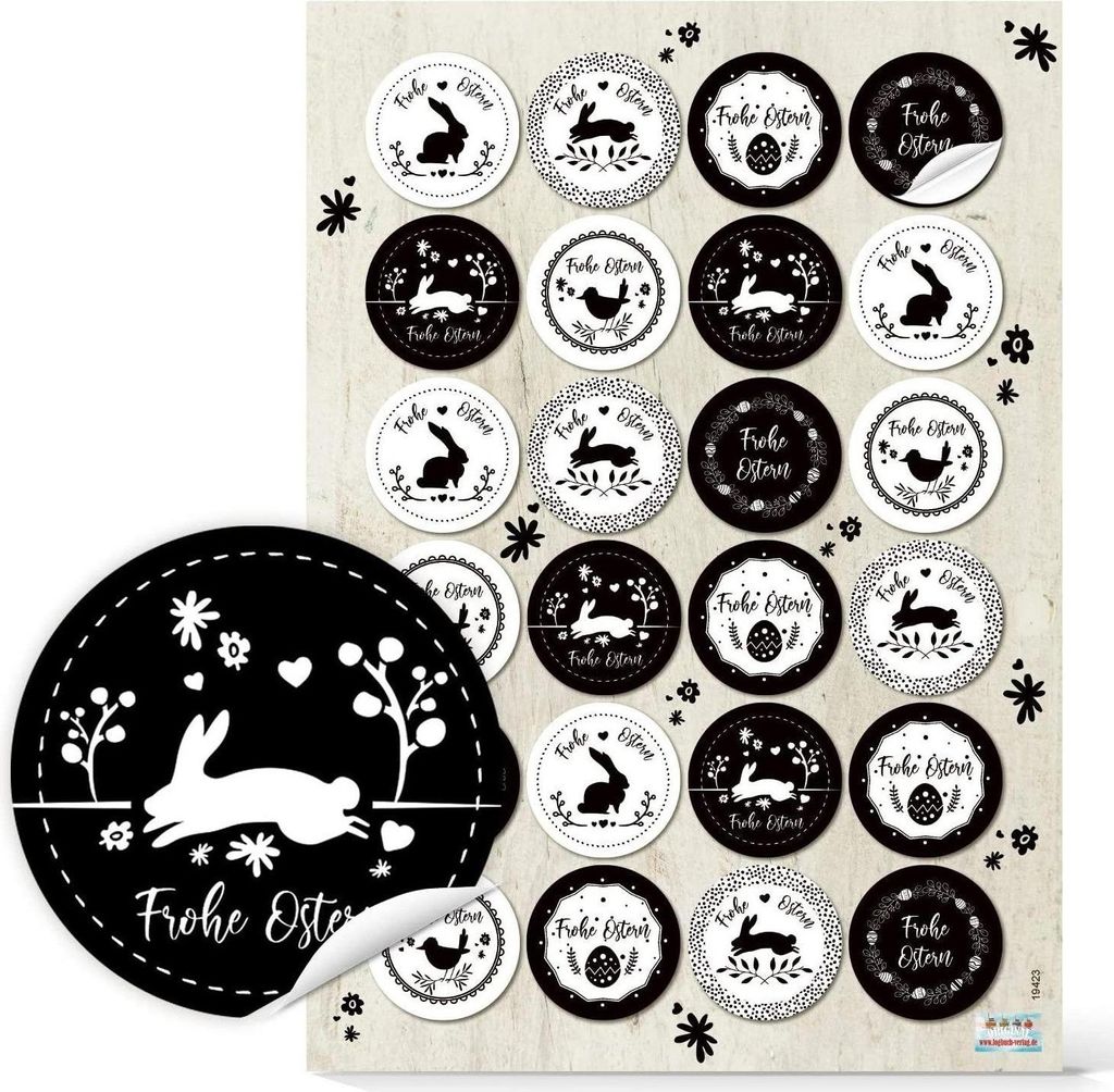 Logbuch-Verlag 24 moderne FROHE OSTERN Aufkleber schwarz weiß 4 cm - Ostersticker rund - Verzierung Ostergeschenke48 Aufkleber / 2 Bögen