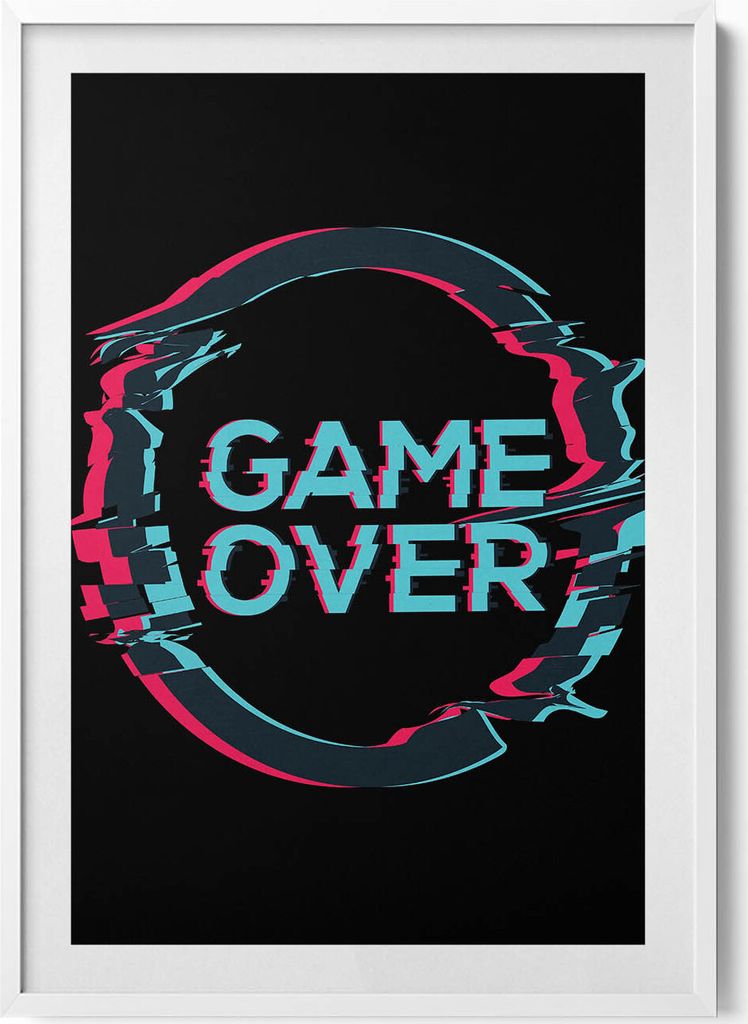 Aufschrift „Game over“ für einen Gamer– Wandbild mit Rahmen – Gerahmtes Bild – Wanddekoration – 70x100 cm – Weiß Rahmen