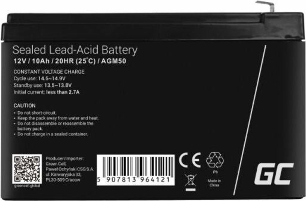 Bateria Green Cell AGM VRLA 12V 10Ah sem manutenção para Obrázok produktu 