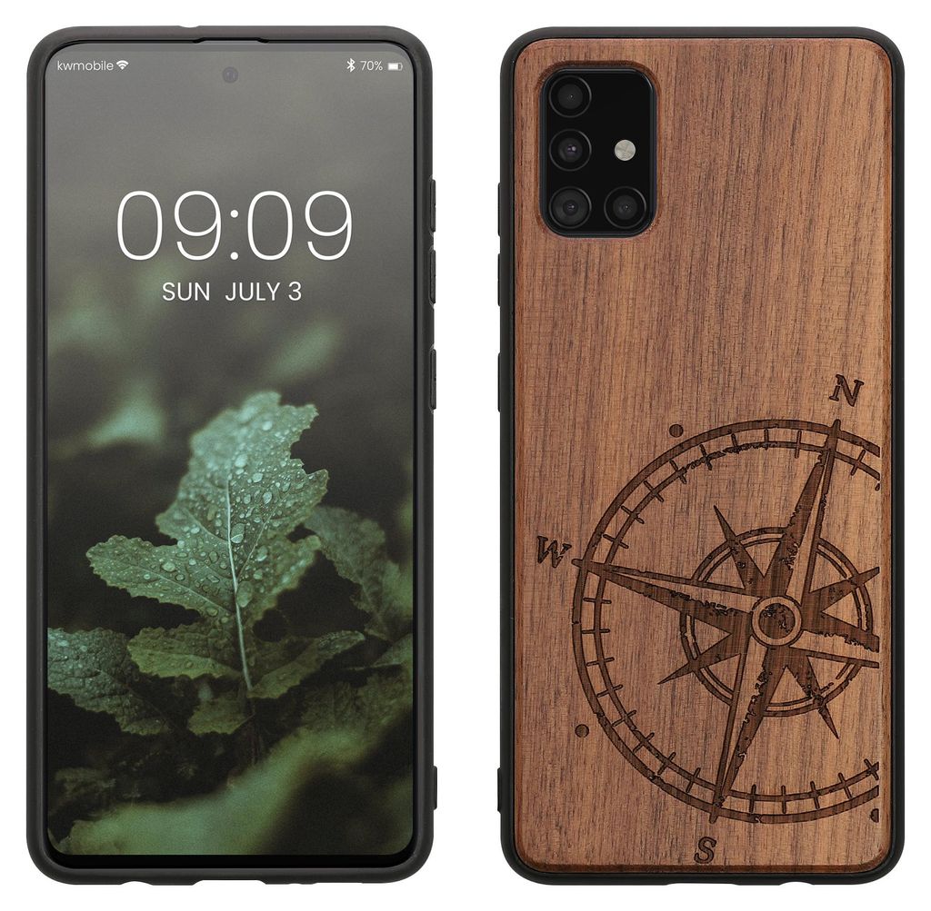 kwmobile Hülle kompatibel mit Samsung Galaxy A51 Hülle - Holz Case - Handy Cover - TPU Handyhülle in Dunkelbraun Kompass Vintage