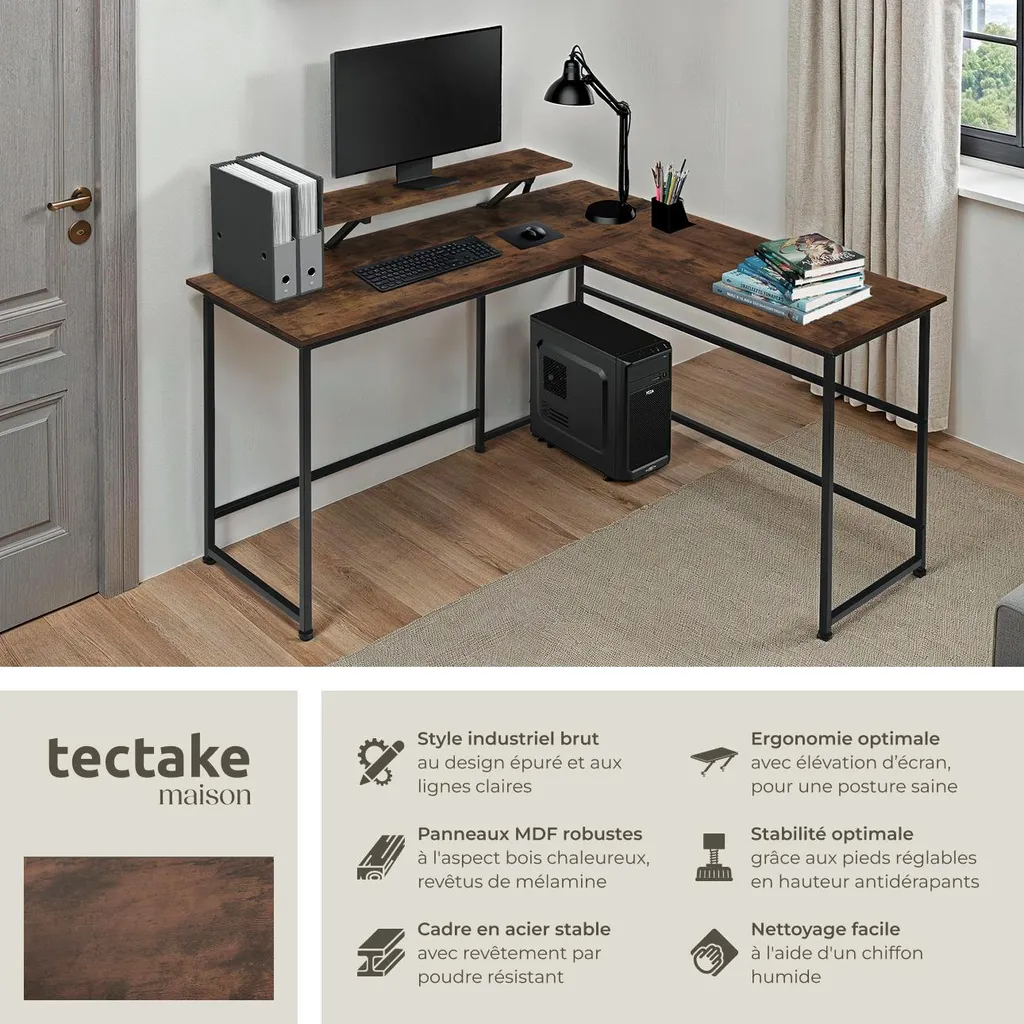 Bureau informatique d'angle MELROSE en bois rustique et métal noir - 2