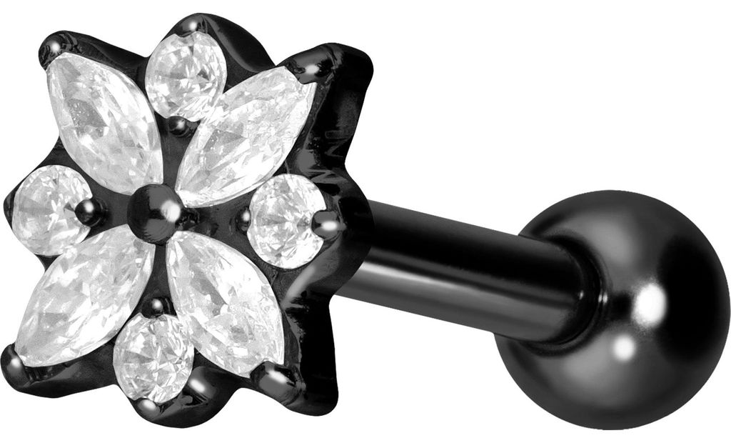 Ohrpiercing Titan Ohrpiercing mit Innengewinde KRISTALLBLUME Schwarz Stablänge: 8mm