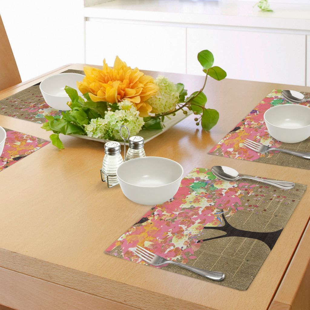 ABAKUHAUS Vögel Platzmatten, Glücklich Heiter Vögel singen auf Lively Baum-Zweig mit bunten Frühlings-Blättern, Tiscjdeco aus Farbfesten Stoff...