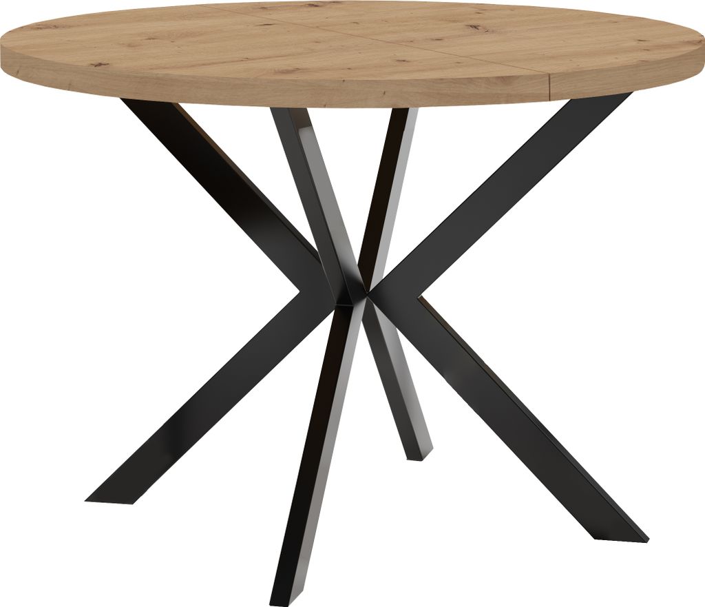 Runder Ausziehbarer Tisch für Esszimmer, ENDIK, mit Metallbeinen, Loft-Stil, Industriel, Durchmesser: 110 / 160 cm, Farbe: Eiche Artisan / Schwarz