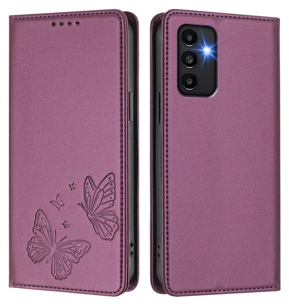 Lederhülle für Samsung Galaxy A13 / A04 / A04S, Schmetterling Prägung Leder Brieftasche Schutzhülle mit Ständer Lila