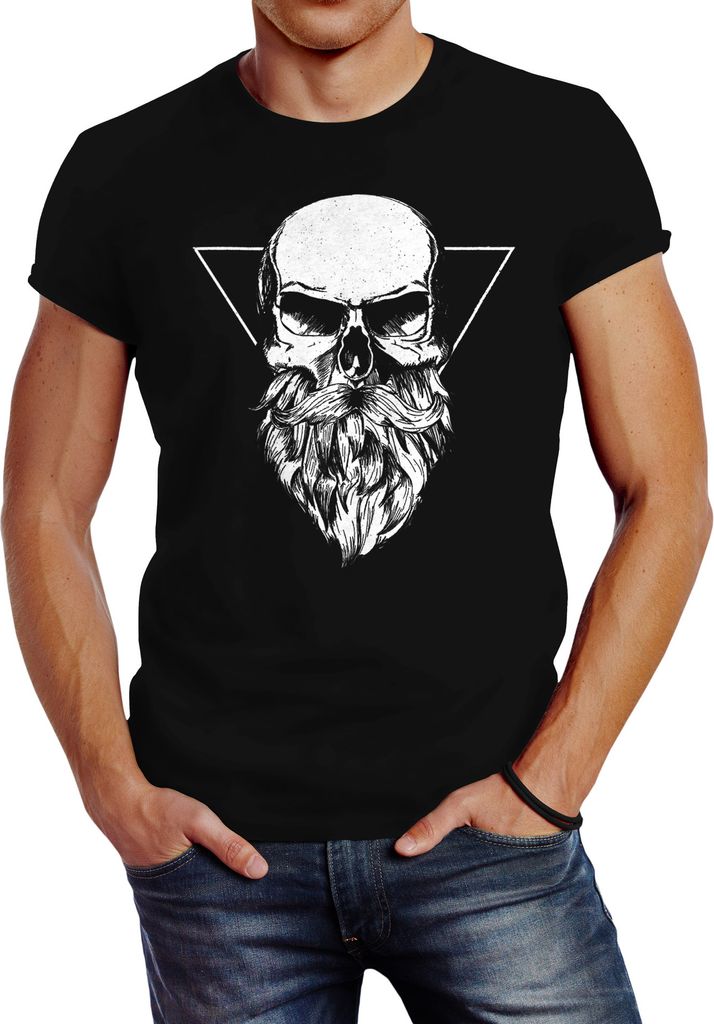 Herren T-Shirt Totenkopf mit Bart Triangle Slim Fit Neverless schwarz 5XL