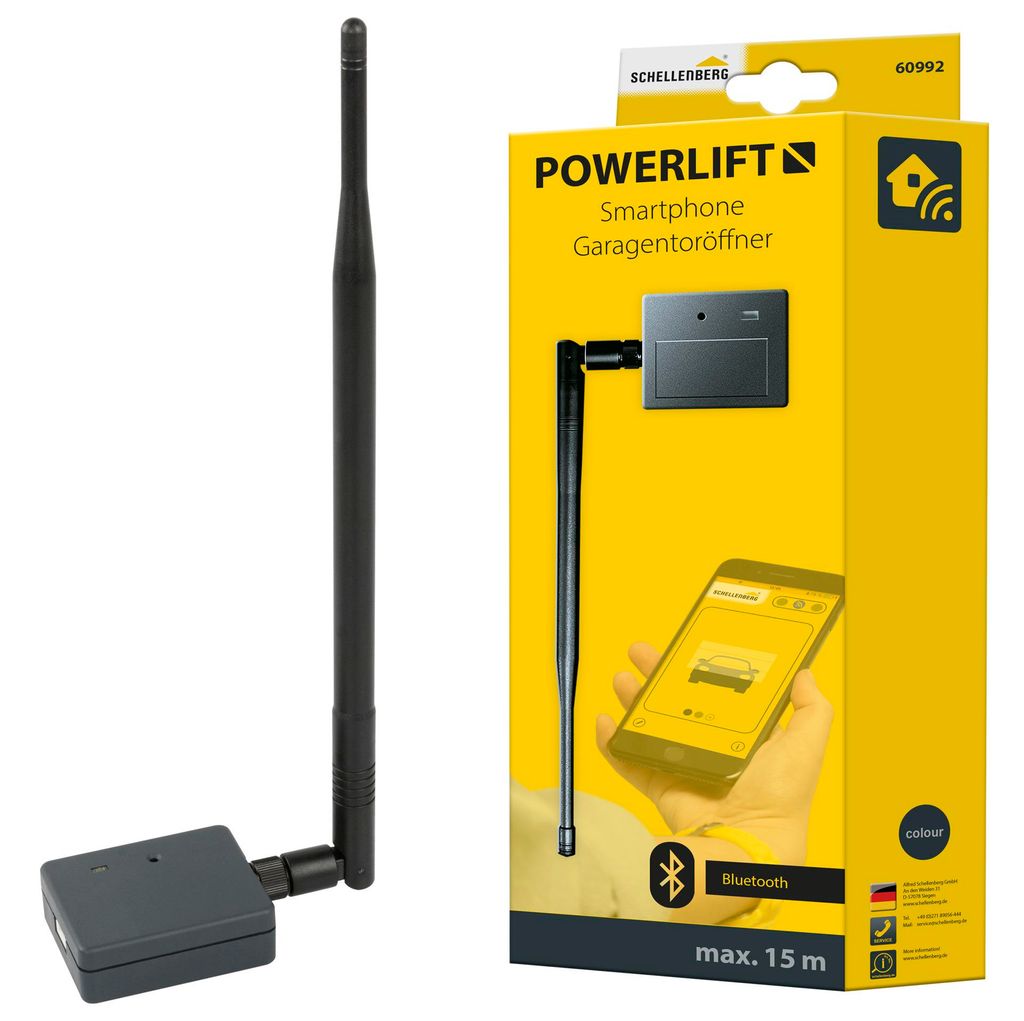 Schellenberg Powerlift Smartphone-Garagentoröffner, mit LED & USB Kabel, max. 15 m Funkreichweite, 2,4 GHz Funkfrequenz, 60992
