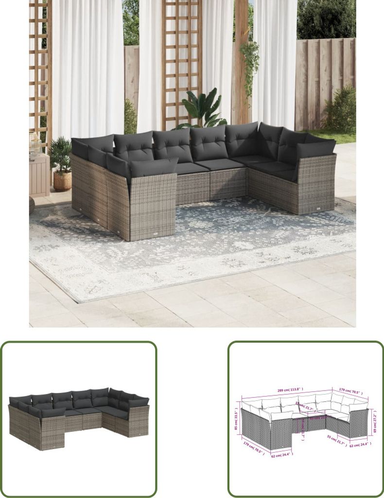 The Living Store 9-tlg. Garten-Sofagarnitur mit Kissen Grau Poly Rattan