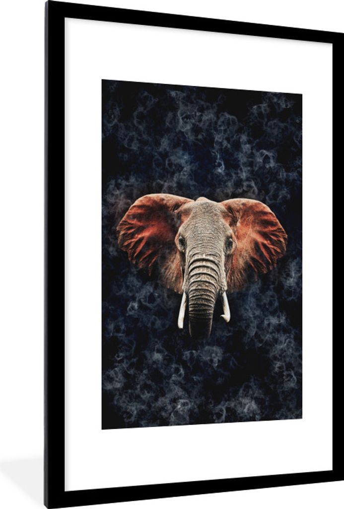 MuchoWow MuchoWow Gerahmtes Poster Elefant - Orange - Rauch 60x90 cm - Poster mit zchwarzem Bilderrahmen - Dekoration - Wandposter Wohnzimmer -...