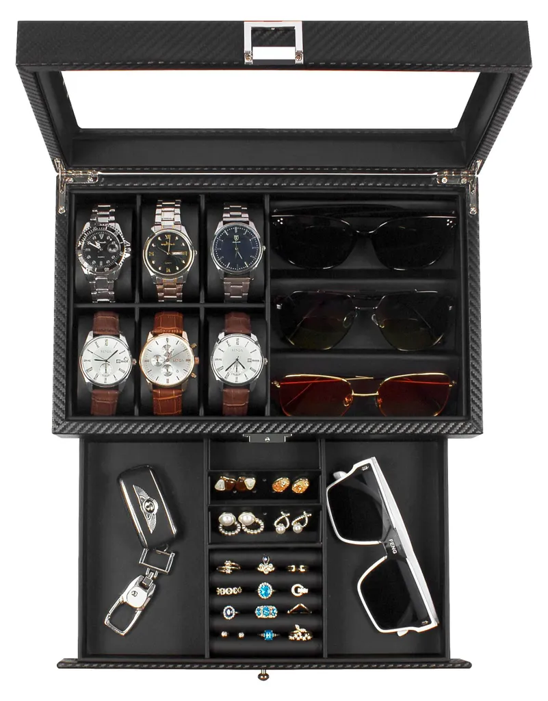 Boîte à montres et lunettes pour homme en cuir noir - Collection Prestige