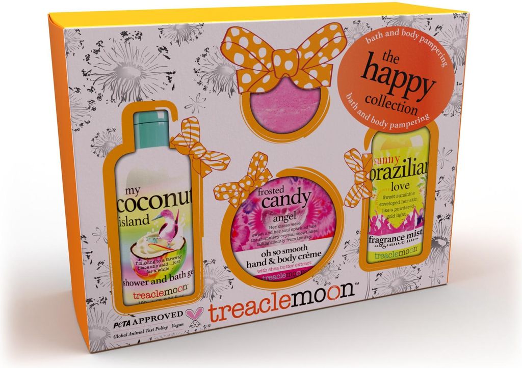 TREACLEMOON The Happy Collection Geschenkset (Duschgel + Körperbalsam + Körperspray + Badebombe) 1 Packung - 4 Stück.