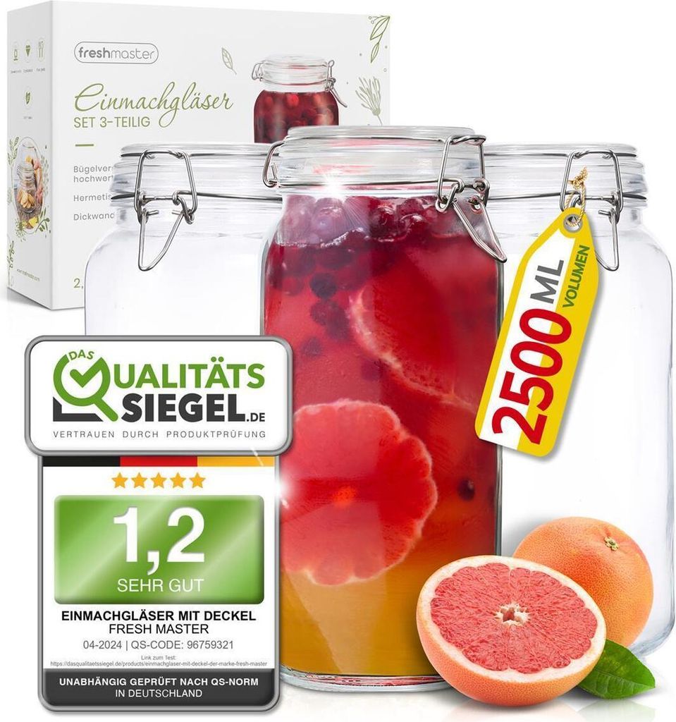 A set of three large glass jars, one filled with a red beverage and fruit slices, and two empty. A yellow tag indicates volume, and quality seals are displayed.