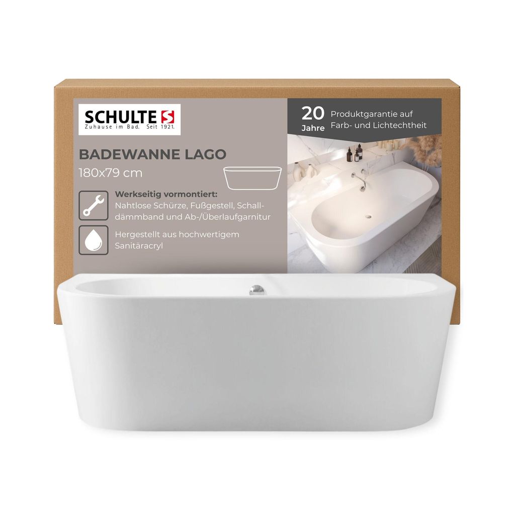 Schulte Badewanne Modell Lago, Weiß Sanitäracryl, 180x79 cm, Höhe 58cm, inkl. Ablauf