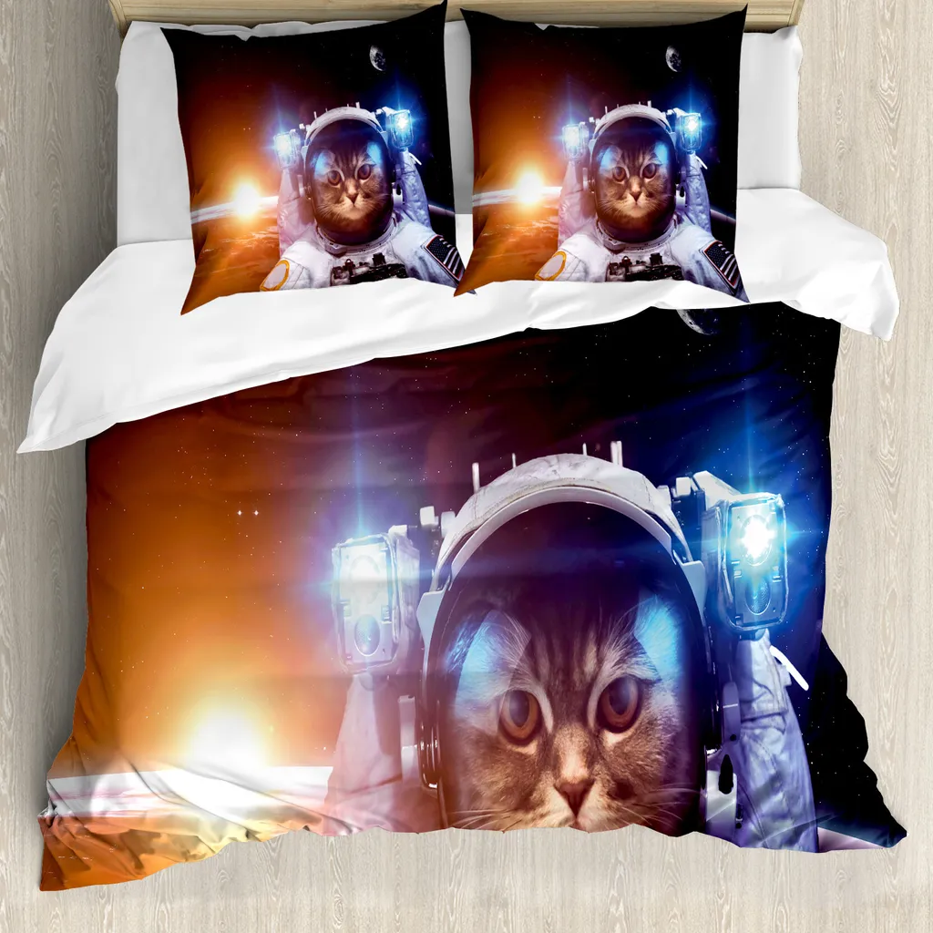 ABAKUHAUS Copripiumino Raum-Katze, Sun Mondfinsternis, antiacaro, adatto a chi soffre di allergie, con federe, 155 cm x 220 cm - 80 x 80 cm, blu scuro arancione