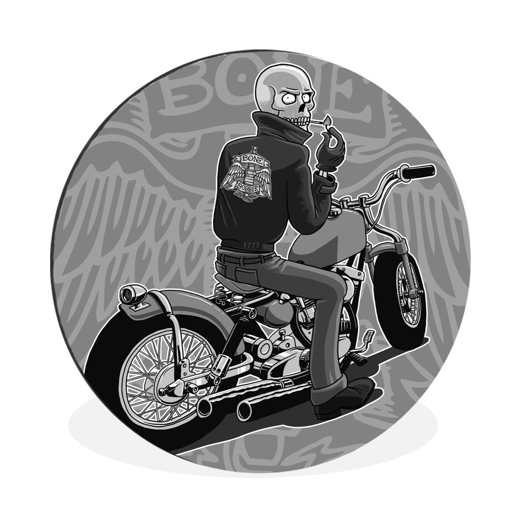 MuchoWow Aluminium Wandkreis Eine Illustration eines Motorradfahrers auf einem roten Bobber - schwarz und weiß Ø 90 cm Wanddeko Modern Wohnzimm...