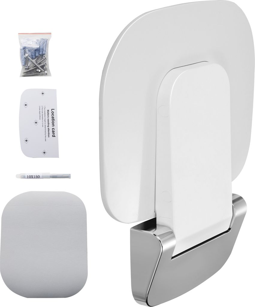 A white and silver folding shower seat with mounting hardware and instructions.
