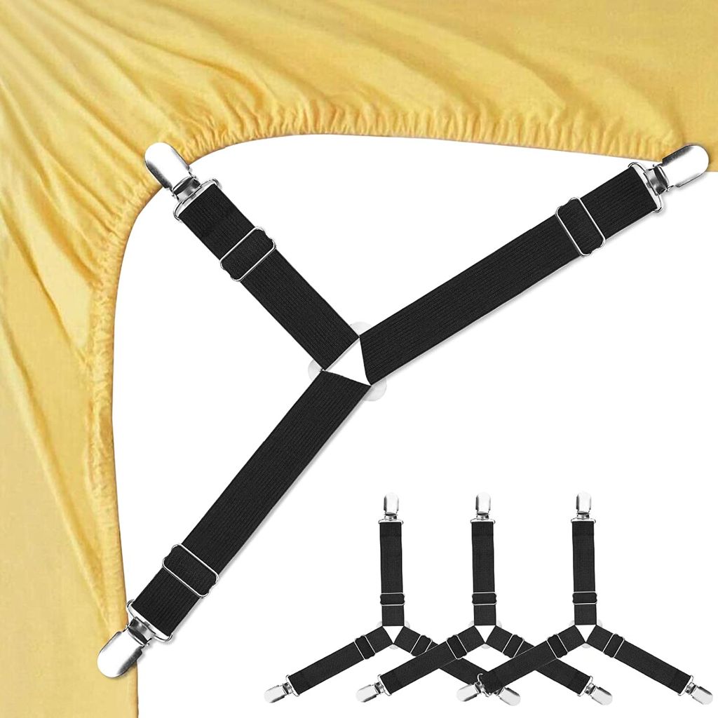Verstellbare Bettlakenspanner Elastische Betttuchspanner Lakenspanner mit Metallclips Schwarz (4 stück)