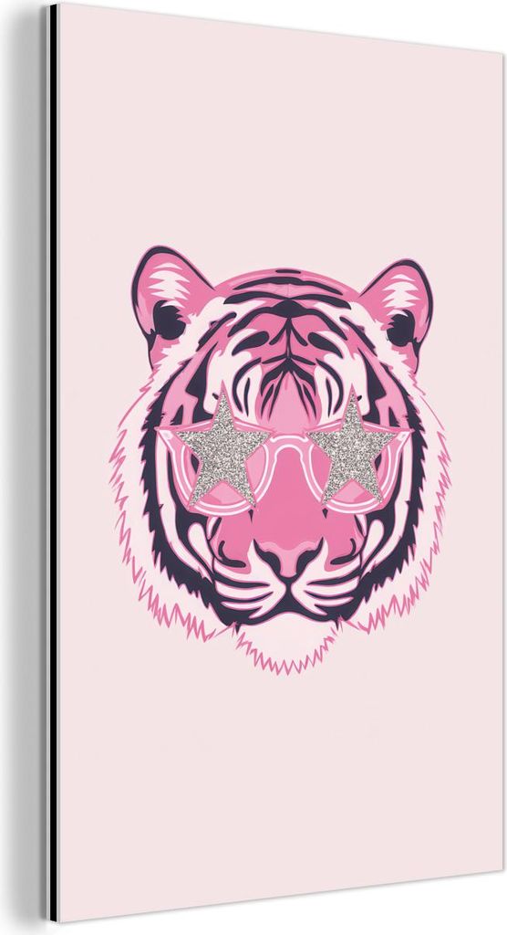 MuchoWow Wanddekoration Metall Metallbild Wandkunst 60x90 cm Tiger - Glitzer-Sonnenbrille - Rosa MuchoWow Aluminium Gemälde - Wandbilder - Aluminium
