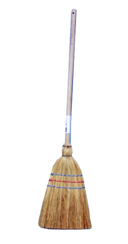 A broom with a wooden handle and natural bristles, set against a white background.