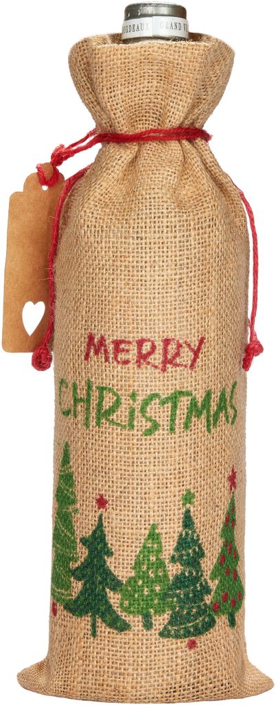 BRUBAKER Weinbeutel für Weihnachten - Merry Christmas Grün/Rot - 36 cm x 17 cm Jutesack - Weintasche für Wein und Sekt - Flaschenbeutel, 1 Stück