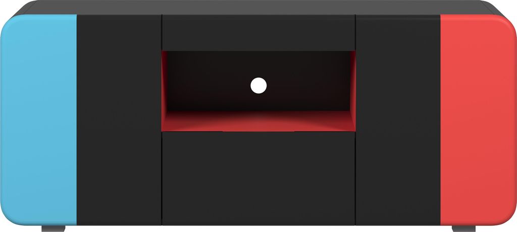 A front view of a gaming TV stand with blue and red accents on the sides and a black center with a red interior shelf and a white circle in the middle.