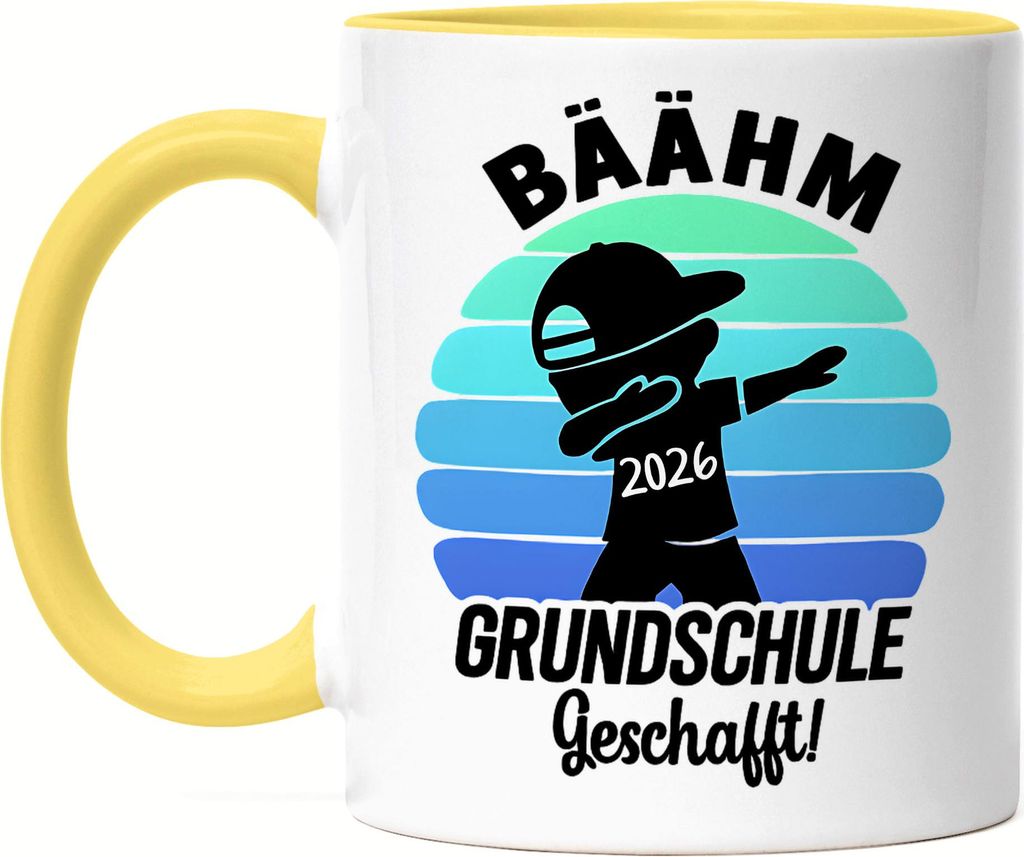 Bääähm Grundschule geschafft 2026 Tasse Gelb Dabbing Junge Lustige Schultasse Abschluss Geschenk Schüler Lehrer Retro